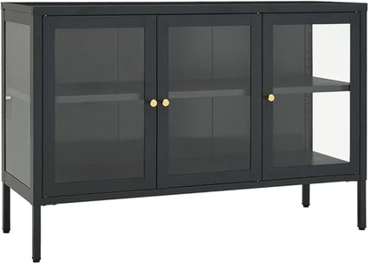 Anthracite Sideboard, Powder-Coated Steel, Tempered Glass Doors, 13.8x41.3x27.6 in. Modern Storage Cabinet for Living Room, Dining Room, Home Office Kitchen Furnitur