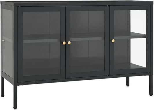 Anthracite Sideboard, Powder-Coated Steel, Tempered Glass Doors, 13.8x41.3x27.6 in. Modern Storage Cabinet for Living Room, Dining Room, Home Office Kitchen Furnitur
