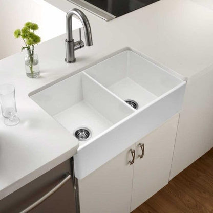 Houzer Platus Fireclay Series 33" Double Bowl Apron Front/Undermount, Chip And Crack Resistant Kitchen Sink, PTD-4400 BQ