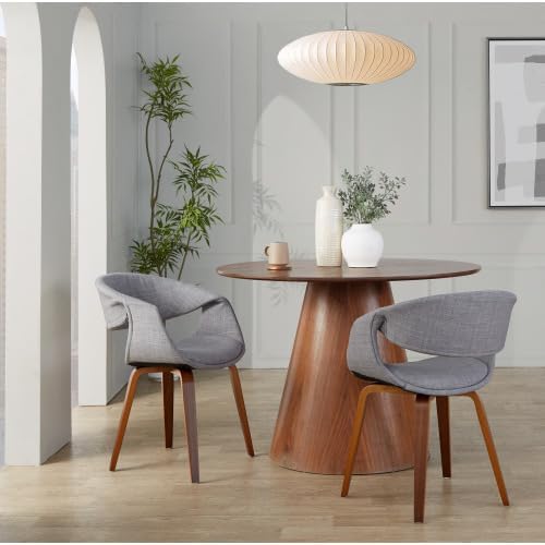 Upholstered Dining Chairs Set of 2, Kitchen Island Chairs with Grey Fabric Seat and Walnut Bent Wood Legs for Dining Room Living Room Restaurant