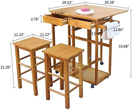 HopeHope Brown Rustic Pine Wood Folding Dining Cart with 2 Stools, Kitchen Island Cart, 2 Drawers, Perfect for Small Spaces