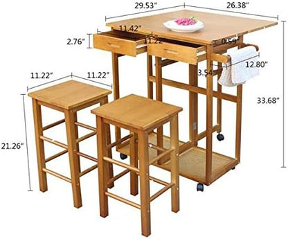 HopeHope Brown Rustic Pine Wood Folding Dining Cart with 2 Stools, Kitchen Island Cart, 2 Drawers, Perfect for Small Spaces