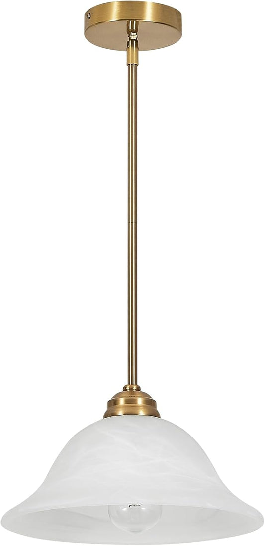 Modern Alabaster Glass Pendant Light Adjustable Rod Pendant Lighting Fixture for Kitchen Sink Bar Dining Room, 12“D (Brass)