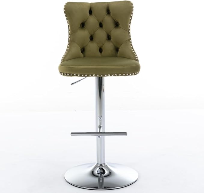 Adjustable Swivel Bar Stool with Tufted Velvet Upholstery, Chrome Base and Back Support for Kitchen Island, Home Bar or Pub (Foam + Olive Green + Velvet)