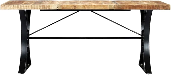 Rectangular Solid Mango Wood Dining Table Brown Black Steel Frame Lacquered Finish 70.9 x 35.4 Inch for 6 Person Kitchen & Dining Room Settings, Modern Industrial Dinner Kitchen Furniture
