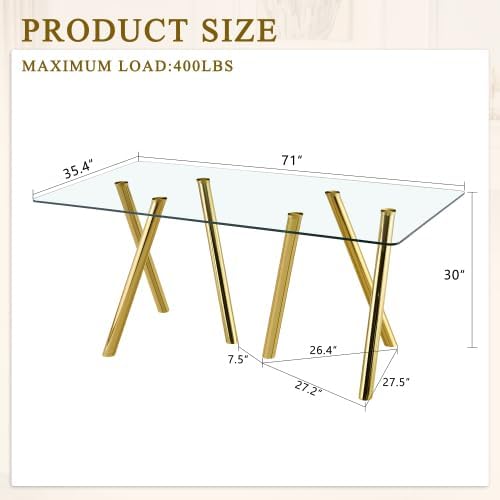 Donext 71" Rectangular Tempered Glass Dining Table, Sturdy Metal Legs, Modern Kitchen Dining Room Table, Easy to Clean, Gold