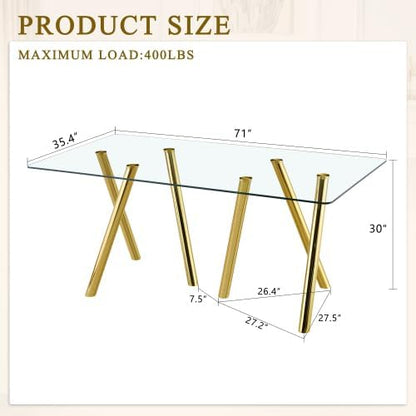 Donext 71" Rectangular Tempered Glass Dining Table, Sturdy Metal Legs, Modern Kitchen Dining Room Table, Easy to Clean, Gold