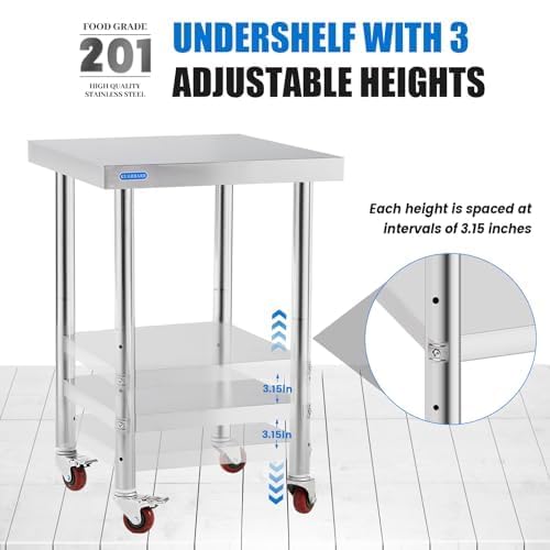 KUARBARR Stainless Steel Table for Prep & Work with Undershelf 24 x 24 Inches NSF Metal Commercial Kitchen Prep Table with Adjustable Under Shelf Worktable for Restaurant Home Outdoor