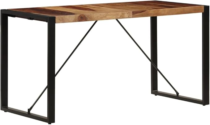 Solid Sheesham Wood Dining Table 55.1 Inch Brown Rectangular Modern Indoor Dining Room Furniture with Industrial Steel Legs for Kitchen Home Gatherings