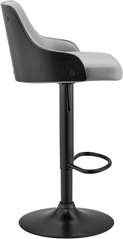 Armen Living Asher Modern Adjustable Height Swivel Gray Faux Leather and Black Wood Bar Stool with Black Base for Kitchen Island Counter