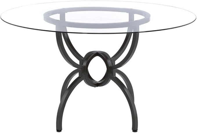 Pemberly Row 48" Round Contemporary Metal Dining Table, Clear Tempered Glass Top, Gunmetal Finish, Stylish Interlocking Ring Base, Chic Transitional Design for Breakfast Nook or Eat-in Kitchen