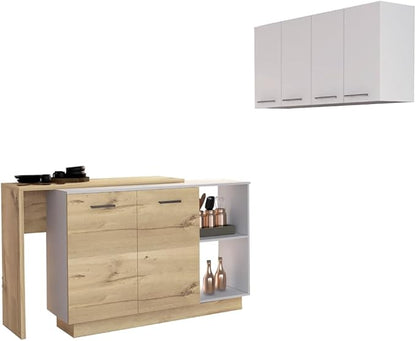 GOWE White and Light Oak 4-Shelf 6-Door 2-Piece Kitchen Set, Kitchen Island and Upper Wall Cabinet