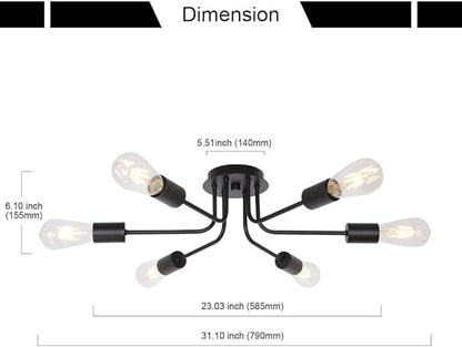 Semi Flush Mount Ceiling Light Fixture 6-Light Modern Sputnik Chandelier Lighting Black Vintage Metal Ceiling Lamp E26 Living Room Light Fixtures for Kitchen Dining Room Bedroom Foyer