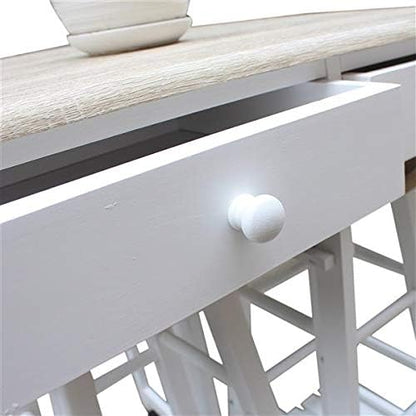 Dining Room Table Set, Folding Kitchen Bar Breakfast Drop Leaf Breakfast Cart for Small Spaces, Kitchen Island On Wheels, Kitchen Cart with 2 Round Stools Chairs Desk (White)