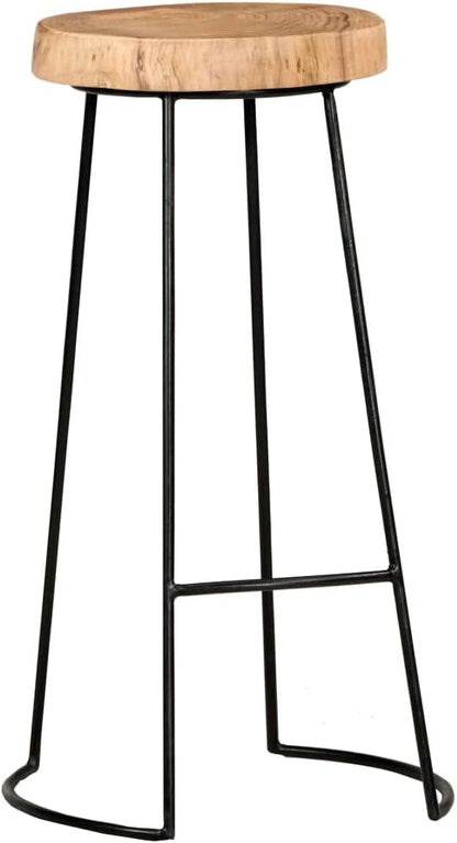 Set of 2 Bar Stools with Acacia Wood Seat and Black Steel Frame for Kitchen Island Dining Room or Patio Bar Area