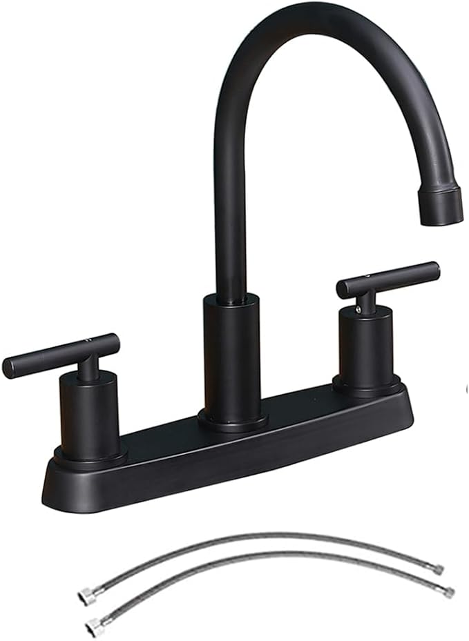 3 Hole Kitchen Faucet, Matte Black Two Handles Kitchen Faucet, RV Kitchen Sink Faucet, 3 Hole or 4 Holel Faucet for Kitchen Sink,TDLKF024W-B