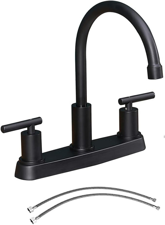 3 Hole Kitchen Faucet, Matte Black Two Handles Kitchen Faucet, RV Kitchen Sink Faucet, 3 Hole or 4 Holel Faucet for Kitchen Sink,TDLKF024W-B