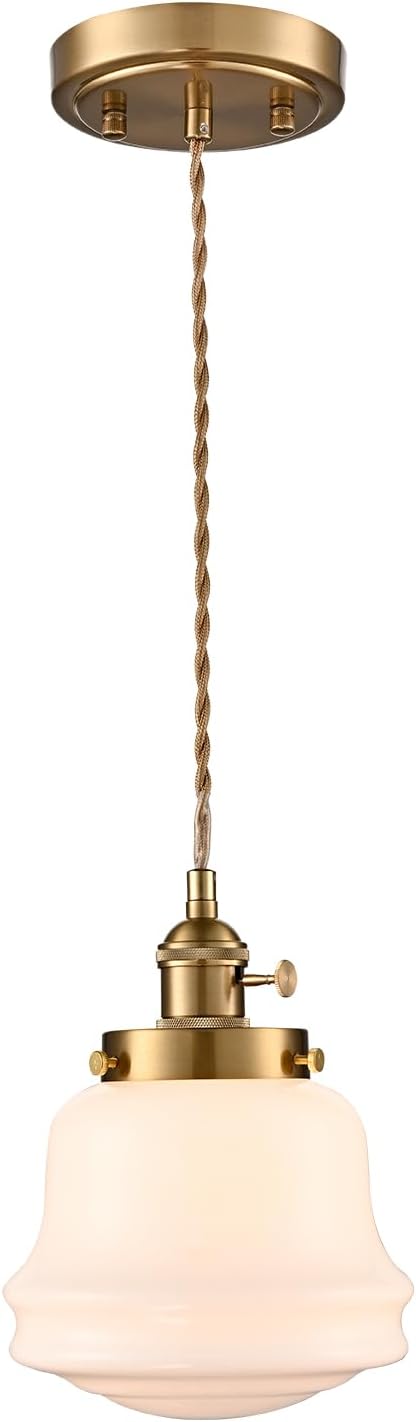 Industrial Milk Glass Pendant Light Fixture, Vintage Brass Adjustable Schoolhouse Hanging Light, Retro Mid Century Pendant Lighting for Kitchen Island Hallway Schoolhouse Dining Room Bedroom