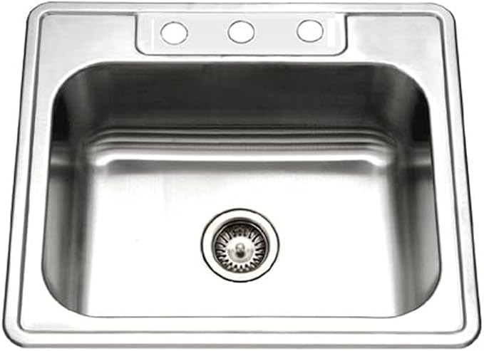 Houzer Glowtone Stainless Steel Kitchen Sink: 25 Inch Drop-in Topmount 3-Hole Single Bowl with Strainer, Durable & Versatile, Essential for Home & Apartment: 2522-9BS3-1