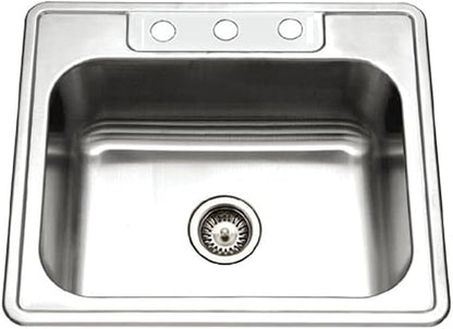 Houzer Glowtone Stainless Steel Kitchen Sink: 25 Inch Drop-in Topmount 3-Hole Single Bowl with Strainer, Durable & Versatile, Essential for Home & Apartment: 2522-9BS3-1