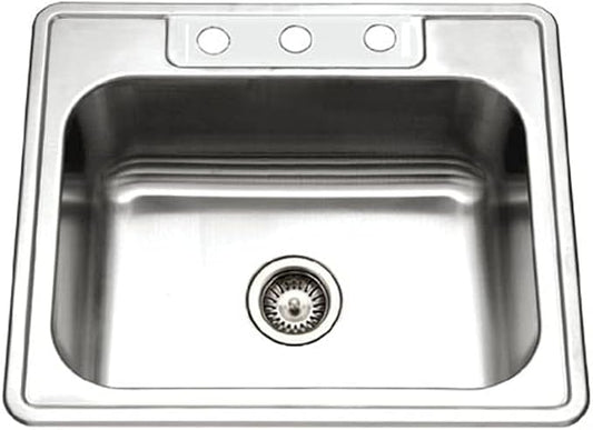Houzer Glowtone Stainless Steel Kitchen Sink: 25 Inch Drop-in Topmount 3-Hole Single Bowl with Strainer, Durable & Versatile, Essential for Home & Apartment: 2522-9BS3-1