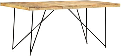 Rectangular Dining Table, Natural Brown Solid Mango Wood, Black Steel Legs, 70.9" x 35.4" x 29.9", Industrial Farmhouse Style Dinner Table for Kitchen & Dining Room