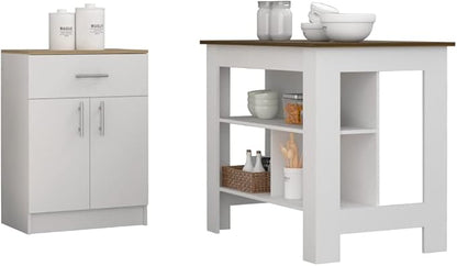 GOWE 2 Piece Kitchen Set, Delos Kitchen Island + Barbados Pantry Cabinet, White/Walnut/Light Oak