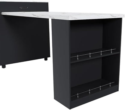 80-inch Expandable Kitchen Island with Dining Table, Marble-Grain Countertop with Power Outlet, Mobile Storage Cart with Cabinet & 2 Drawers, Kitchen Prep Table (Black + MDF)