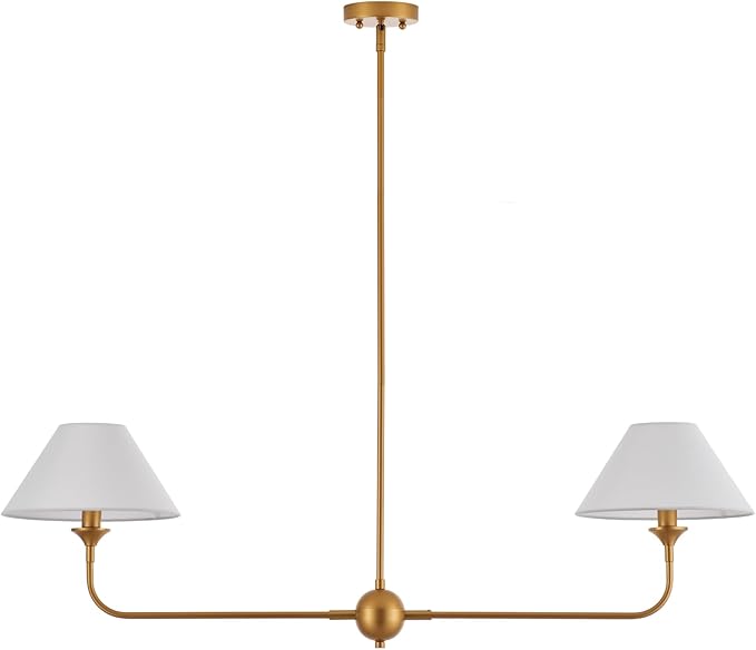 Modern Linear Chandeliers for Dining Room, Gold Island Light Fixtures with Off-White Fabric Shade, Rustic Linear Pendant Light for Kitchen