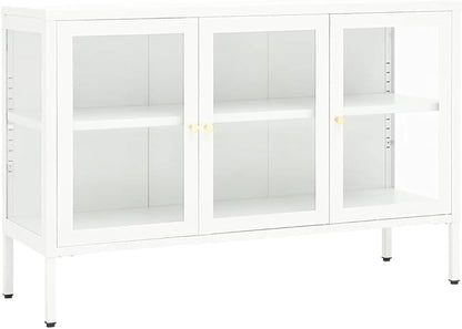 White Sideboard, Powder-Coated Steel Buffet Cabinet, 41.3 x 13.8 27.6 Inch Modern Storage Furniture with Adjustable Shelves for Living Room, Kitchen, Office Dining Storage