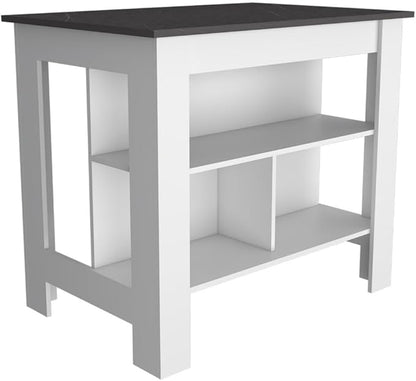 Kitchen Island Kitchen Table 35" H Four Legs with 3 Open Storage Shelves Wide Top for Meal Prep Spacious Leg Room Practical(Black White)