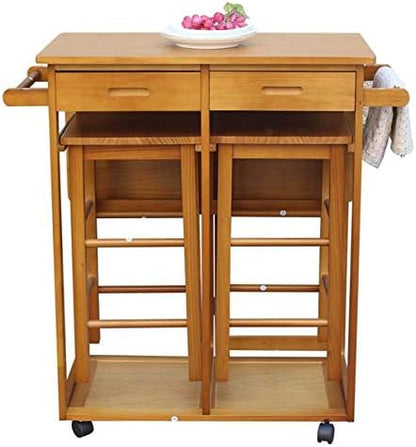 HopeHope Brown Rustic Pine Wood Folding Dining Cart with 2 Stools, Kitchen Island Cart, 2 Drawers, Perfect for Small Spaces