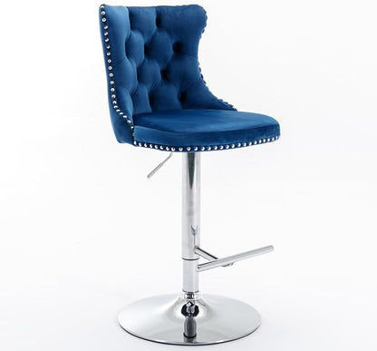 Modern Swivel Bar Stool with Adjustable Height and Tufted Upholstered Backrest for Kitchen Island, Home Bar, or Dining Area (Blue + Velvet + Foam-2)