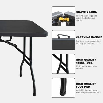 GlowSol Folding Table 6FT, Heavy Duty Portable Plastic Folding Table with Handle, Anti-Slip Feet, Waterproof, Easy to Clean, 300LBS Capacity, Foldable for Indoor Outdoor Use, Black