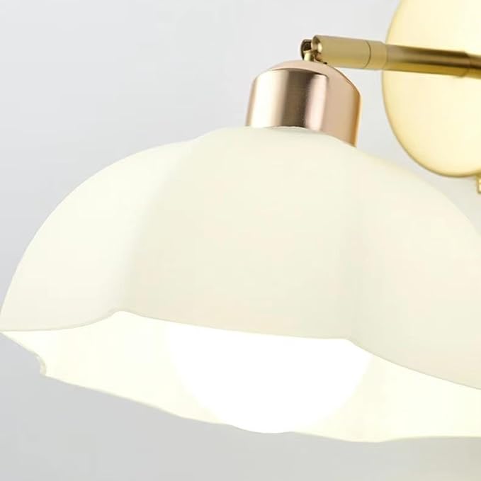 White Glass Wall Light Fixture Vintage Wall Sconces with Pull Chain Switch Brushed Gold Brass Sconce Wall Lighting Retro White Flower Glass Sconce for Bedroom Kitchen Hallway