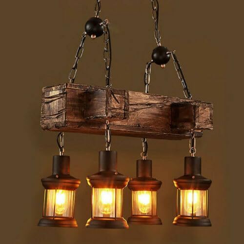 4 Lights Wood Vintage Chandelier, Industrial Farmhouse Island Light with Glass Lampshade and Adjustable Chain, Retro Loft Chandelier Dinning Table Pendant Lamp Fixtures for Bar Home Hotel Hallway