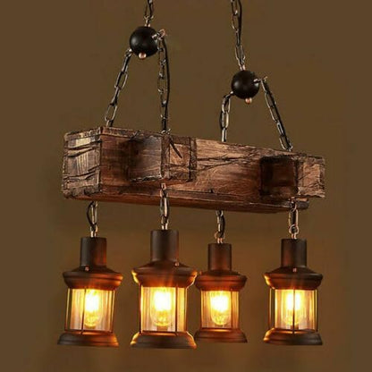 4 Lights Wood Vintage Chandelier, Industrial Farmhouse Island Light with Glass Lampshade and Adjustable Chain, Retro Loft Chandelier Dinning Table Pendant Lamp Fixtures for Bar Home Hotel Hallway