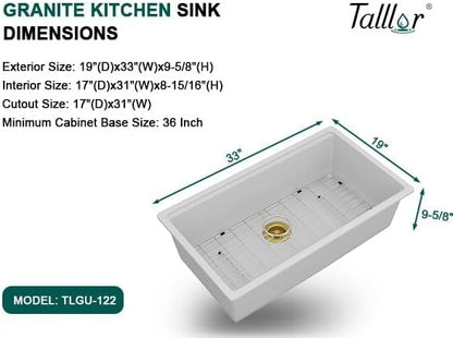 33 Inch White Granite Composite Undermount Kitchen Sink, Single Bowl Classic Quartz-Based Composite Workstation All-In One Sink with Mixing Bowl and Pasta Strainer #TLGU-122