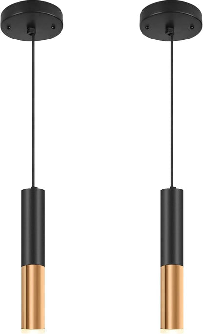 Simple and Modern Black Cylindrical Pendant, 1-Light Chandelier with Adjustable Rope, Matching GU10 Sockets for Living Room, Bedroom and Dining Room (Wide Beam Angle) (2 Pack)