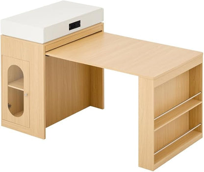 Modern Marble Dining Table Extendable Folding Solid Wood Kitchen Island with Power Socket Buffet Cabinet Sideboard on Wheels for Dining Room (Natural Wood+Cream White,Without Metal Legs)