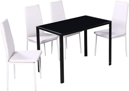 5-Piece Dining Table Set with Tempered Glass Top and Artificial Leather Chairs Black and White Modern Kitchen Table Set for Small Spaces, Bistro, Indoor Use