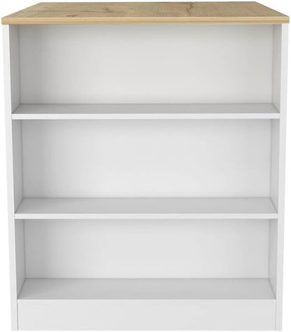 Kitchen Island Table, Two Legs, Three Side Shelves, White/Pine