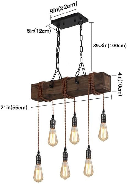 KEESFU 6-Lights Dining Farmhouse Chandelier, Farmhouse Wooden Ceiling Pendant Light, Height Adjustable, Rustic Chandelier for Kitchen Island Dining Room Bar Pool Table Cabin.