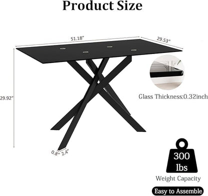 51.18" Rectangular Glass Dining Table, Tempered Glass Small Kitchen Table with Metal Tubular Legs, Stylish and Sturdy Black Dinner Table for Home and Outdoor