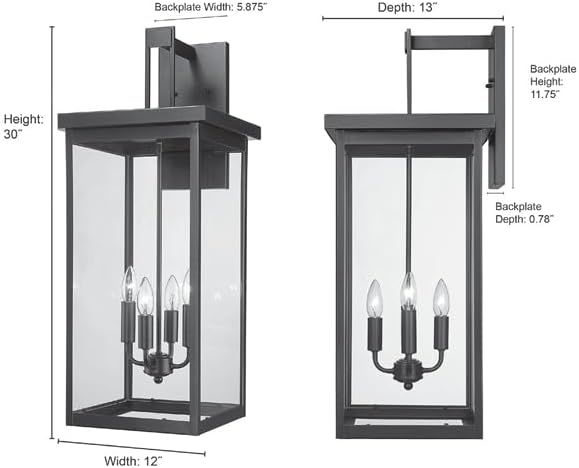 ML Lighting | Barkeley Collection | 42606-PBK | 30" Modern Four Bulb Outdoor Steel X-Large Wall Sconce | Anti-Rust Powder Coat Black with Clear Glass Shade | Exterior Ambient Light for Safety
