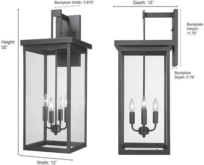 ML Lighting | Barkeley Collection | 42606-PBK | 30" Modern Four Bulb Outdoor Steel X-Large Wall Sconce | Anti-Rust Powder Coat Black with Clear Glass Shade | Exterior Ambient Light for Safety