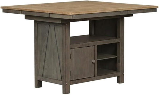 Pemberly Row Contemporary 7 Piece Gathering Table Set, Rubberwood Solids and Veneers, Light Gray and Sandstone Finish, Includes Kitchen Island Table with Storage and 6 Counter Height Swivel Chairs