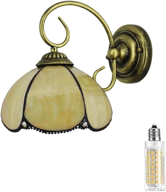 8" Vintage Stained Glass Wall Sconce Yellow Bending Shade Simple Wall Mounted Lamps for Bedroom Over Bed Hardwired Bathroom Lights Over Mirror Fixture with Plug Cord Switch Flower Design