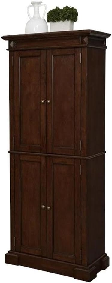 Bowery Hill Traditional Wood Kitchen Pantry, 72"H x 29.75"W x 16"D, Brown Cherry Finish, 4 Shelves, Distressed Oak Veneer, Carved Door Panels, Antique Nickel Hardware, Versatile Storage Cabinet for