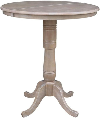 International Concepts 36" Round Top Pedestal Table with 12" Leaf-40.9" H-Dining, Counter, or Bar Height, Washed Gray Taupe